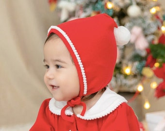 Toddler Santa Claus Knit Bonnet - Christmas Red with Santa Pom