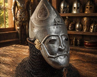 Medieval Knight Helmet with Chainmail Mask, Handmade Viking Armor Helm, LARP Cosplay Costume, Renaissance Reenactment Gear