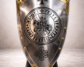 Templar Heater Shield Steel 28–30 Inch | Crusader Knight Shield | Medieval Armor Replica | LARP Cosplay Decor