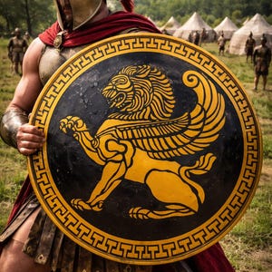 May include: A round shield featuring a black center with a large, yellow, winged lion illustration and a yellow Greek key border. The shield is held by a figure wearing a metallic helmet with a red crest and a red cape over metallic armor.