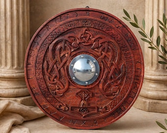 Handgemaakt houten Vikingschild – authentieke historische replica | Uniek cadeau voor hem