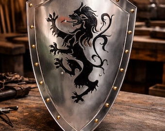 Handmade Steel Medieval Heater Shield, Lion Rampant Heraldic Wall Decor, LARP Gear