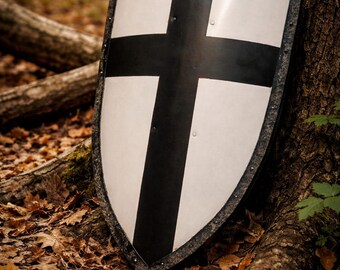 Templar Heater Shield Steel 28–30” | Crusader Black Cross Knight | Medieval Cosplay Décor