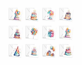 Tarjetas de notas en blanco, tarjetas de felicitación de cumpleaños surtidas con acuarela, tarjetas de cumpleaños, surtido de tarjetas, tarjetas de notas surtidas, tarjetas con sobres