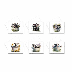 May include: Six illustrated cards featuring a black and white calf sitting in a metal tub with flowers around the tub. The calf is looking at the viewer.