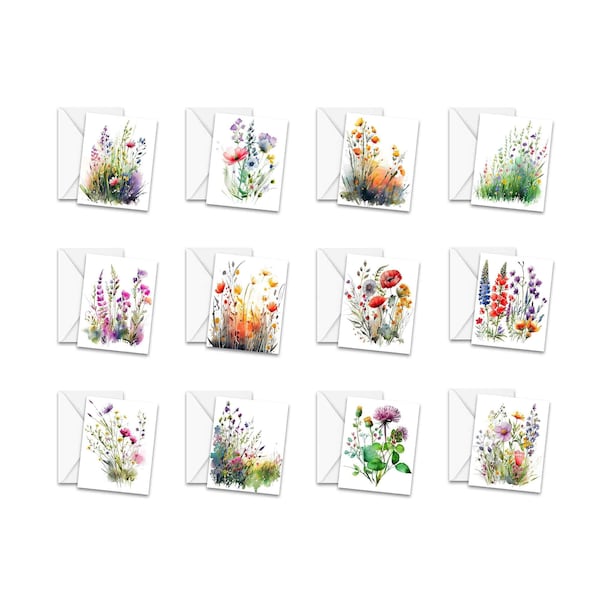 NOTECARDS, Assorted Watercolor Flowers Greeting Card Set, Stationery, Wildflower cards, blank notecard, card assortment, Birthday, Variety