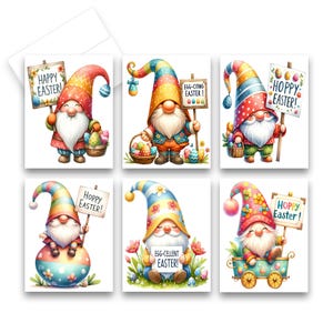 May include: Six colorful Easter cards featuring gnomes with different Easter greetings. The gnomes are wearing colorful hats and holding signs with the text "Happy Easter!", "Hoppy Easter!", "Egg-citing Easter!" and "Egg-cellent Easter!"
