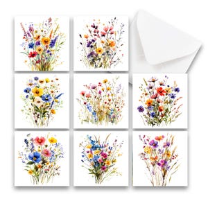 May include: Nine watercolor paintings of colorful wildflowers in a bouquet arrangement. Each painting features a different arrangement of wildflowers in shades of pink, yellow, blue, red, and purple.