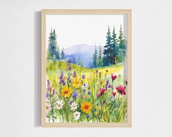 Wildflower Meadow art, Watercolor Wall Art Print, Watercolor Floral Print, Watercolor Flower Print, Wild flower Print, floral art print