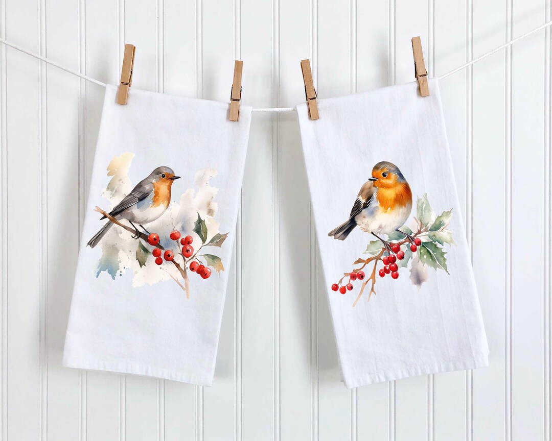 Robin and Holly Berry Kitchen Towel Set, Flour Sack Towel, Dish Towel