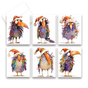 May include: Set of six whimsical Christmas cards featuring colorful, cartoonish birds wearing Santa hats. The birds have large orange beaks and are adorned with vibrant feathers in shades of purple, blue, green, and orange. Each card is on a white background.