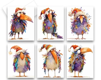 Funny Bird Christmas Greeting Cards, Note Card Set, Christmas cards, blank notecard, assorted Christmas cards, Quirky Christmas Cards