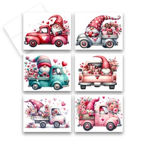 May include: Six Valentine's Day cards featuring gnomes driving pickup trucks filled with hearts and flowers.