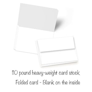 May include: White folded cards and envelopes made from 110-pound heavy-weight card stock. The cards are blank on the inside. The image shows a stack of cards and envelopes, with some cards and envelopes fanned out.