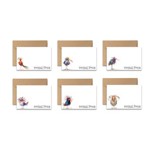 May include: Set of six blank note cards featuring whimsical watercolor illustrations of colorful birds. Each card has a brown envelope and the name "Kristal Price" printed at the bottom.