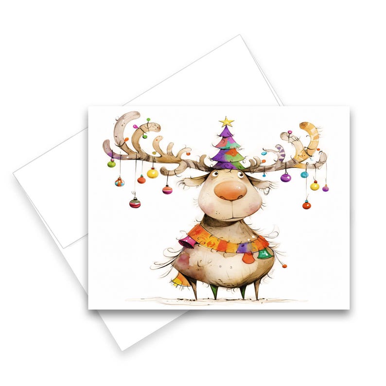 May include: A whimsical Christmas card featuring a cartoon reindeer with large antlers adorned with colorful ornaments. The reindeer wears a scarf and a Christmas tree hat. The card is on a white background.