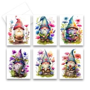 May include: Six colorful greeting cards featuring whimsical gnomes with flowers and foliage. Each gnome is wearing a blue hat and holding a small object. The cards are perfect for sending a cheerful message.