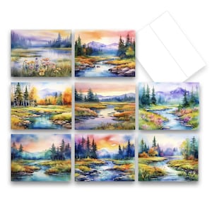 May include: Set of eight watercolor paintings featuring scenic landscapes with rivers, trees, and mountains. The paintings are in various shades of blue, green, yellow, and purple.