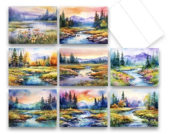 Assorted Note Cards, Watercolor Nature Scene Cards, Set of 8, blank cards with Envelopes, Nature Greeting Cards Set