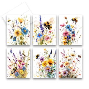 Assorted Wildflower and Bees Greeting Cards, Floral Stationery, note cards with flowers, blank notecard, assorted cards, greeting card set
