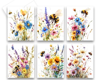 Assorted Wildflower and Bees Greeting Cards, Floral Stationery, note cards with flowers, blank notecard, assorted cards, greeting card set