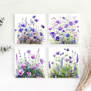 Purple WildFlower Coasters, Set of 4, Ceramic Tile Coaster, Drink Coaster, Patio Coasters, Wildflower Coaster, Floral Coaster, cute coasters