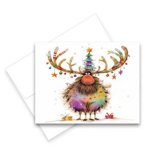 May include: A whimsical Christmas card featuring a watercolor illustration of a reindeer decorated for the holidays. The reindeer has colorful fur, antlers adorned with ornaments, and a Christmas tree on its head. Two wrapped gifts are at the bottom.