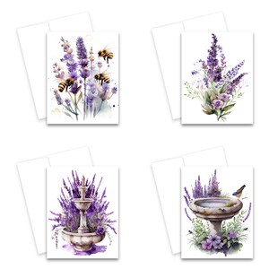 lavender cards, lavender greeting cards, cute flower cards, watercolor note cards, all occasion note cards, all occasion greeting cards, note card set, floral note card, wild flower cards, flower notecards, assorted cards, assorted card set