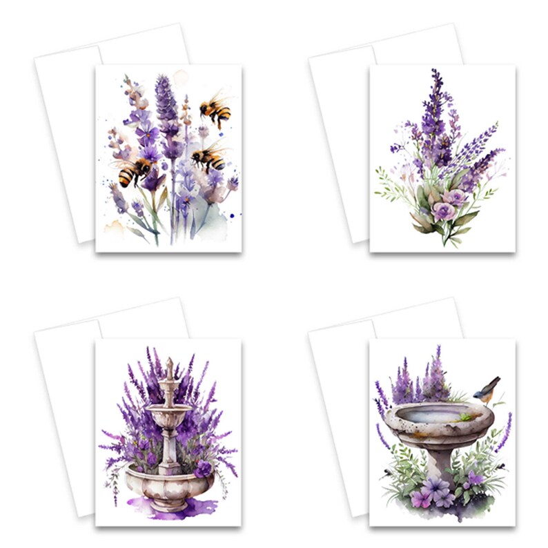 lavender cards, lavender greeting cards, cute flower cards, watercolor note cards, all occasion note cards, all occasion greeting cards, note card set, floral note card, wild flower cards, flower notecards, assorted cards, assorted card set