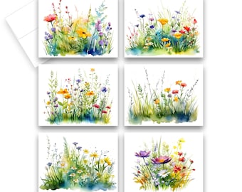 May include: Six watercolour paintings of wildflowers in a field. Each painting features a different arrangement of wildflowers in shades of yellow, orange, red, purple, and blue.