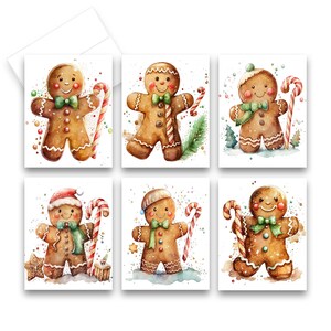 May include: Six watercolor illustrations of gingerbread people on a white background. Each gingerbread person is wearing a different hat and holding a candy cane. The gingerbread people are surrounded by colorful sprinkles.
