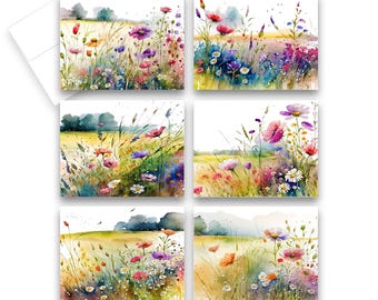 May include: Six watercolour paintings of a field of wildflowers. The paintings feature a variety of flowers in shades of pink, purple, yellow, and white. The background of each painting is a soft, watercolour wash of green and blue.