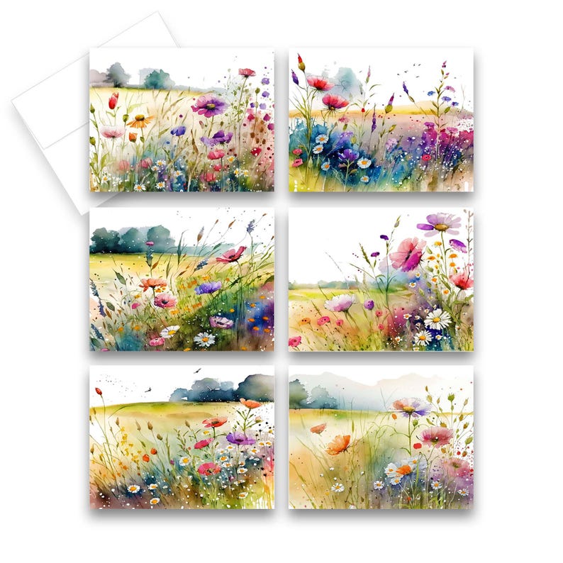 Pode incluir: Seis aquarelas de um campo de flores silvestres. As pinturas apresentam uma variedade de flores em tons de rosa, roxo, amarelo e branco. O fundo de cada pintura &eacute; um suave lavado de aquarela de verde e azul.
