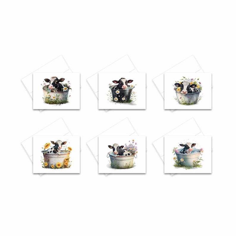 May include: Six illustrated cards featuring a black and white calf sitting in a metal tub with flowers around the tub. The calf is looking at the viewer.