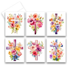 May include: Six watercolor illustrations of crosses with floral arrangements. Each cross is a different color and has a different floral arrangement. The flowers are in shades of pink, yellow, purple, and blue.