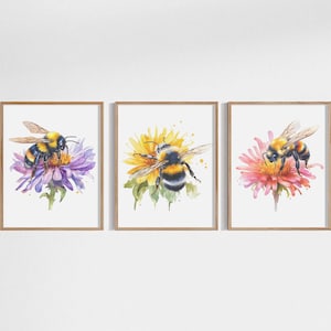 Honey Bee Print Set of 3, Floral Wall Art, Watercolor Botanical Print, spring decor, botanical print, art print, bumble bee wall art