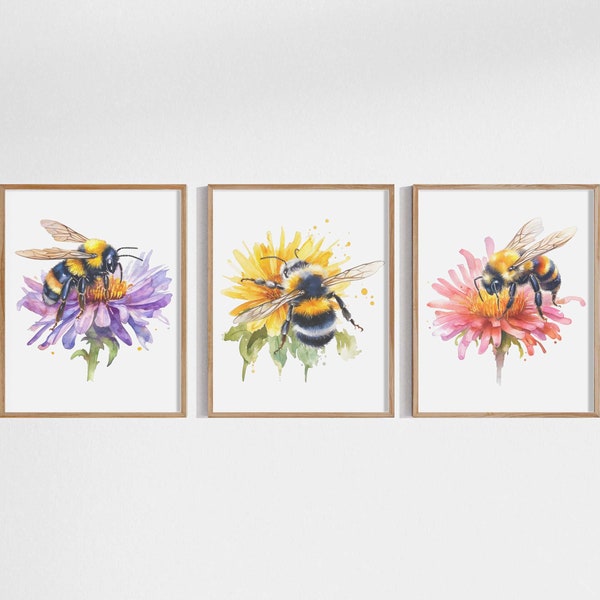 Honey Bee Print Set of 3, Floral Wall Art, Watercolor Botanical Print, spring decor, botanical print, art print, bumble bee wall art