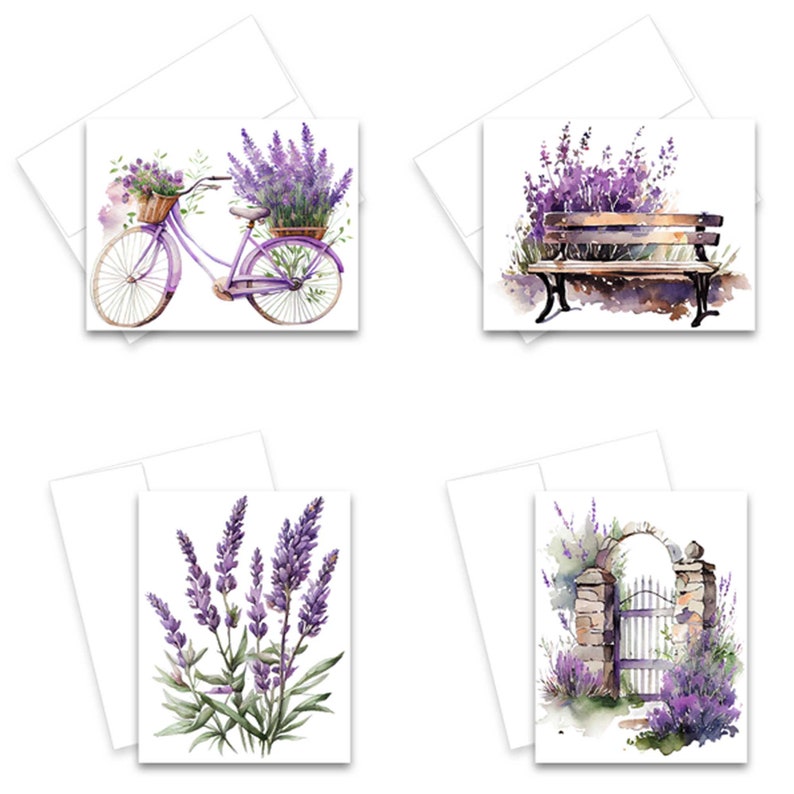 lavender cards, lavender greeting cards, cute flower cards, watercolor note cards, all occasion note cards, all occasion greeting cards, note card set, floral note card, wild flower cards, flower notecards, assorted cards, assorted card set