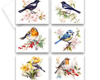 May include: Six watercolor paintings of birds on branches with flowers. The birds are a robin, a bluebird, a yellow bird, and three black and white birds.