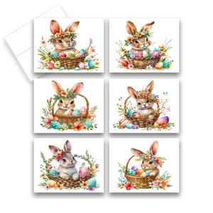 May include: Six watercolor illustrations of Easter bunnies holding baskets of colorful eggs. Each bunny is wearing a flower crown and surrounded by spring flowers.