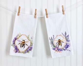 Lavender Bees kitchen towel Set, Flour Sack Towel, Dish Towel, bee towel set, Flour Sack Dish Towel, honey bee towels, bumble bee towel set