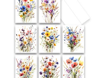 Assorted Greeting Cards, Watercolor Flowers Cards, Set of 8, blank cards with Envelopes, Floral Note Cards