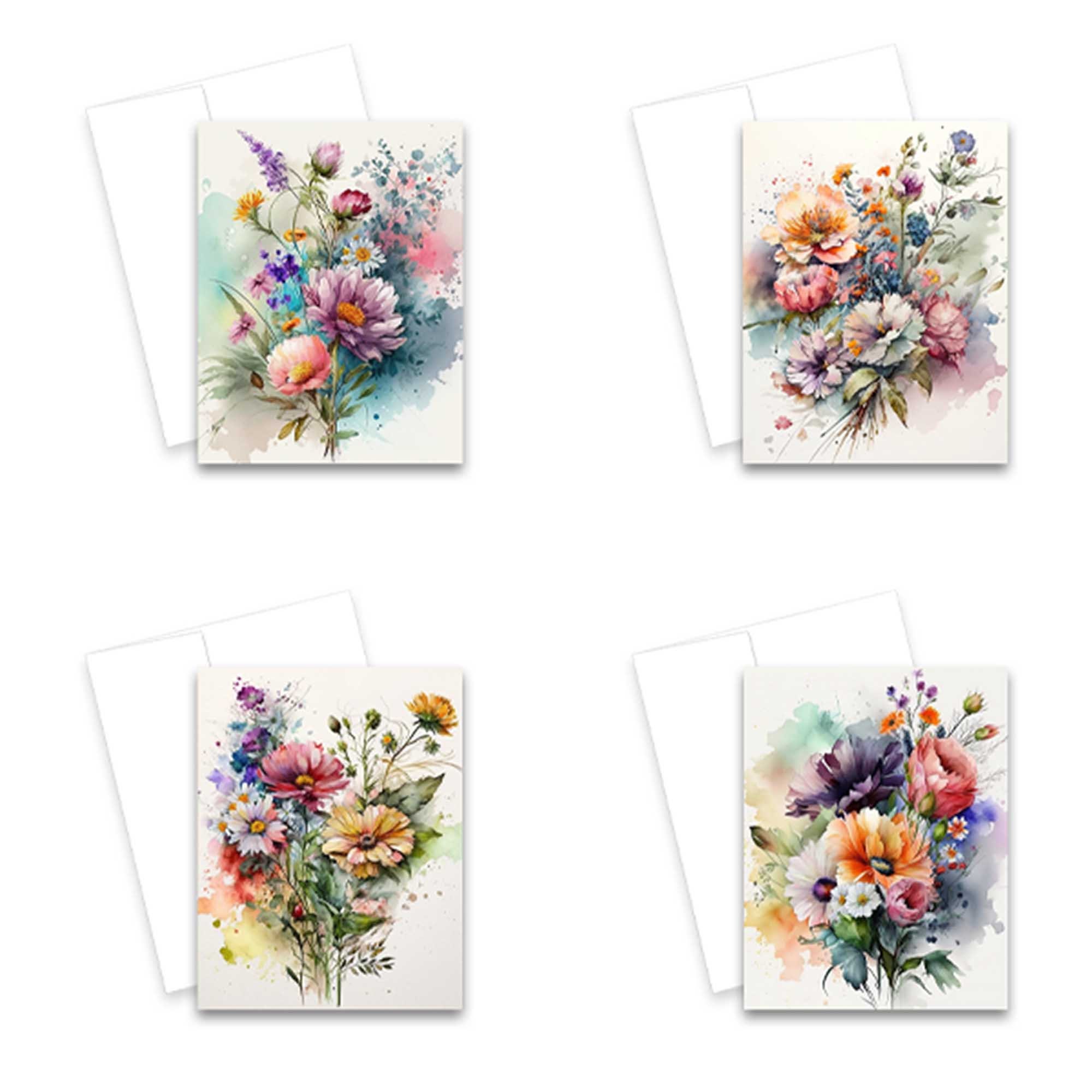 Assorted Watercolor Flowers Greeting Card Set, Blank Notecard, Assorted ...