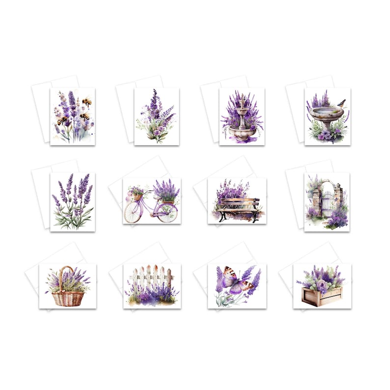 lavender cards, lavender greeting cards, cute flower cards, watercolor note cards, all occasion note cards, all occasion greeting cards, note card set, floral note card, wild flower cards, flower notecards, assorted cards, assorted card set