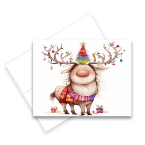 May include: A Christmas card featuring a cartoon reindeer with a colorful Christmas tree on its head and festive lights on its antlers. The reindeer wears a patterned scarf and stands near wrapped gifts.