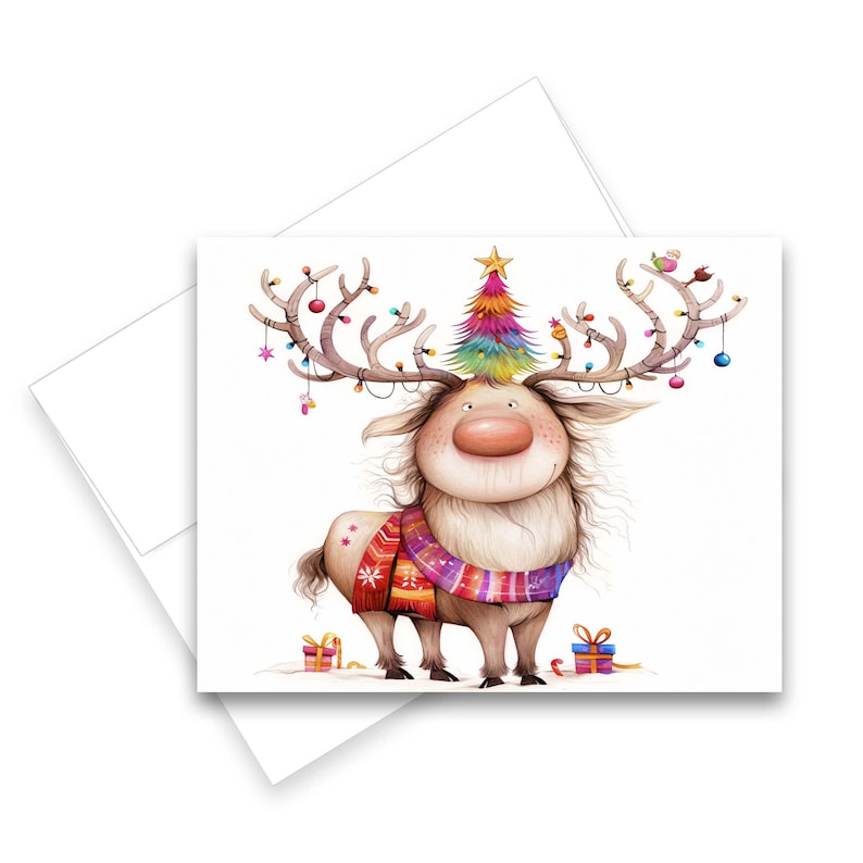 May include: A Christmas card featuring a cartoon reindeer with a colorful Christmas tree on its head and festive lights on its antlers. The reindeer wears a patterned scarf and stands near wrapped gifts.