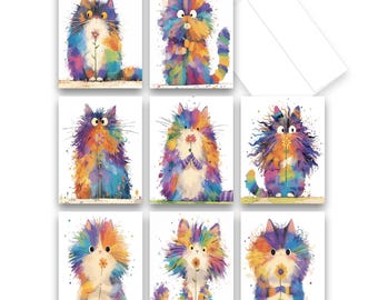 May include: Set of eight greeting cards featuring colorful, whimsical illustrations of cats holding flowers. Each card has a white background and is blank inside for writing a message.
