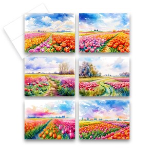 May include: Six watercolor paintings of fields of colorful tulips. Each painting features a different perspective of the field, with a winding path leading through the flowers.