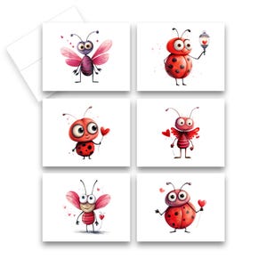 May include: Set of six greeting cards featuring cute cartoon ladybugs with hearts and wings. The cards are blank inside for writing messages.