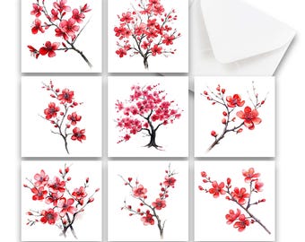 Juego de 8 mini tarjetas de notas, tarjetas de notas con acuarela de flor de cerezo roja y sobres, tarjetas de felicitación para cualquier ocasión, etiquetas de regalo
